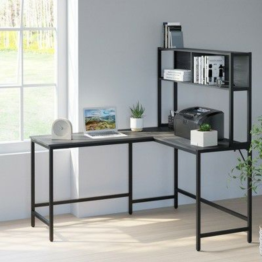 Executive Desks * | Homcom Metal Framed L-Shaped Computer Desk With Hutch And Storage Shelves