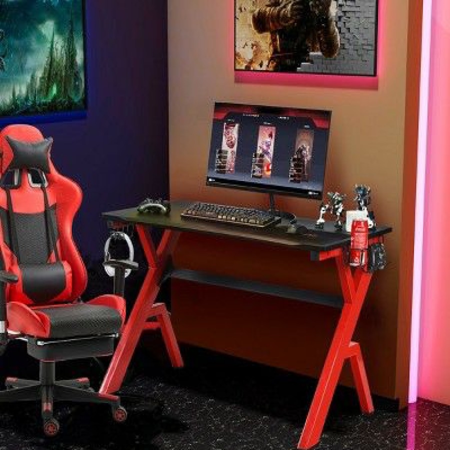 Computer Desks * | Costway Gaming Desk Computer Desk W/Controller Headphone Storage Mouse Pad & Cup Holder