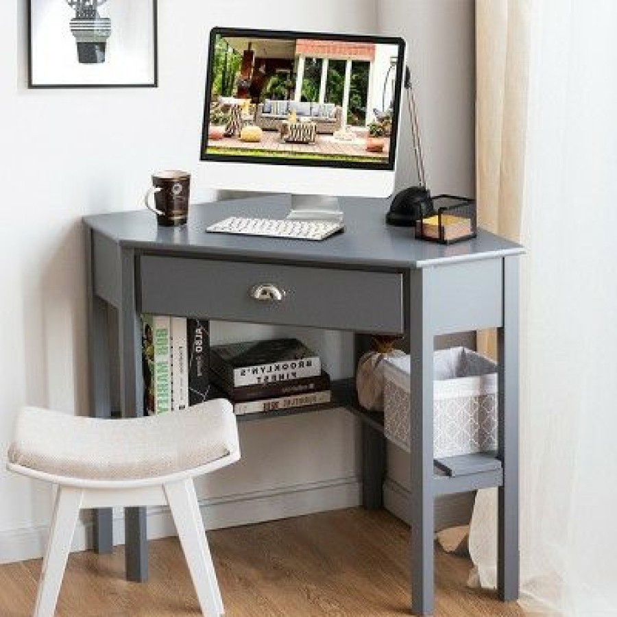 Corner Desks * | Costway Corner Computer Desk Laptop Writing Table Wood Workstation Home Office Furniture Gray