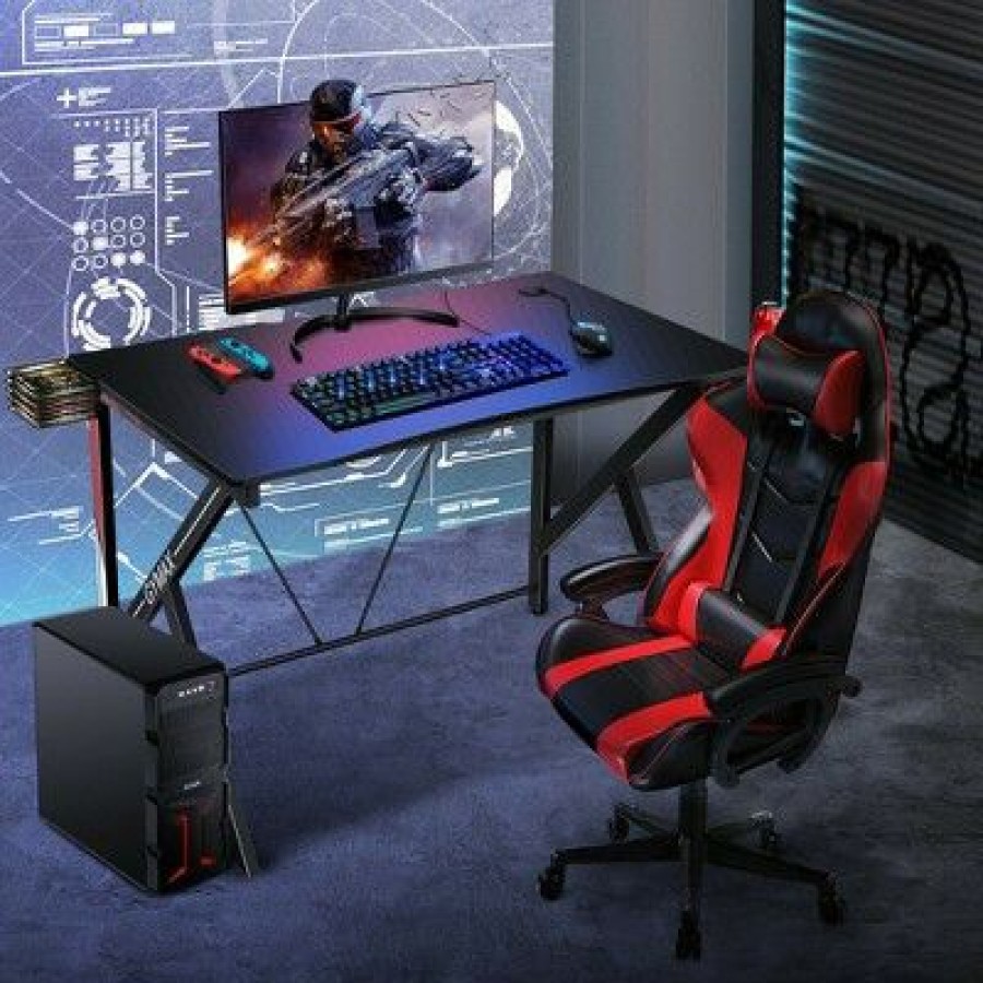 Computer Desks * | Costway K-Shaped Computer Gaming Desk 45 Racing Desk W/Cup Headphone Holder & Game Storage