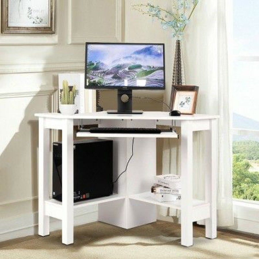 Corner Desks * | Costway Wooden Corner Desk With Drawer Computer Pc Table Study Office Room White