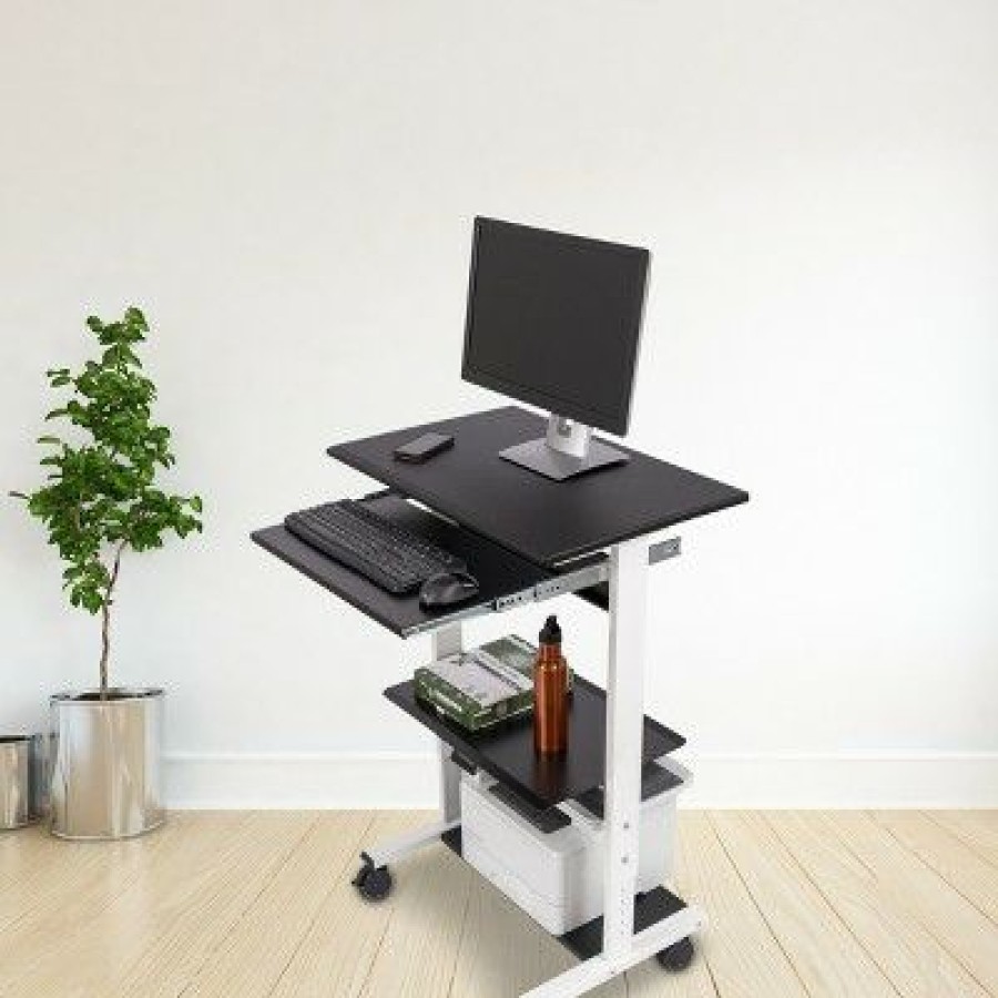 Computer Desks * | Stand Up Desk Store Mobile Rolling Adjustable Height Standing Workstation With Printer Shelf And Slideout Keyboard Tray