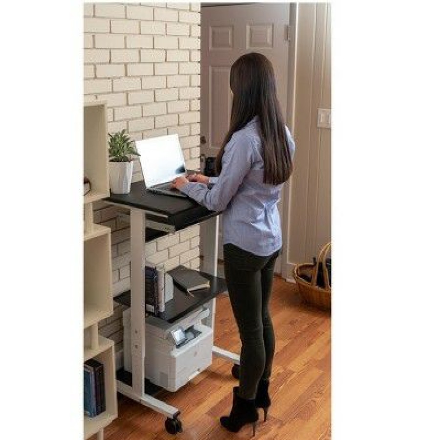 Computer Desks * | Stand Up Desk Store Mobile Rolling Adjustable Height Standing Workstation With Printer Shelf And Slideout Keyboard Tray