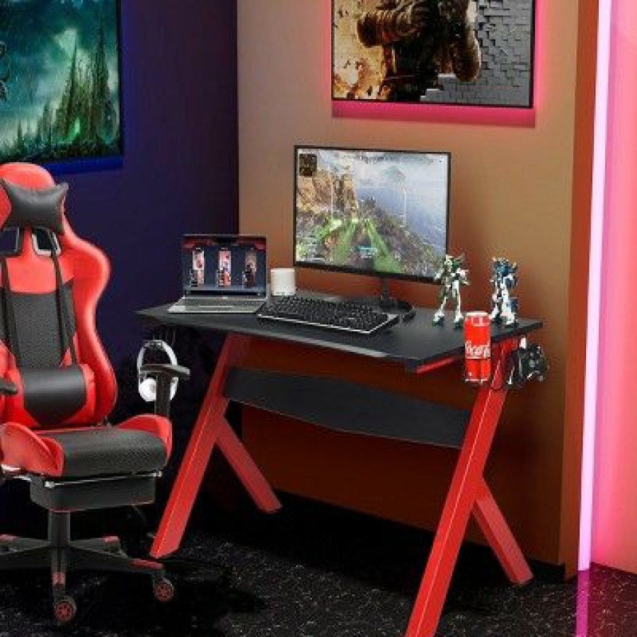 Computer Desks * | Costway Gaming Desk Computer Desk W/Controller Stand Cup Holder Headphone Hook Mouse Pad