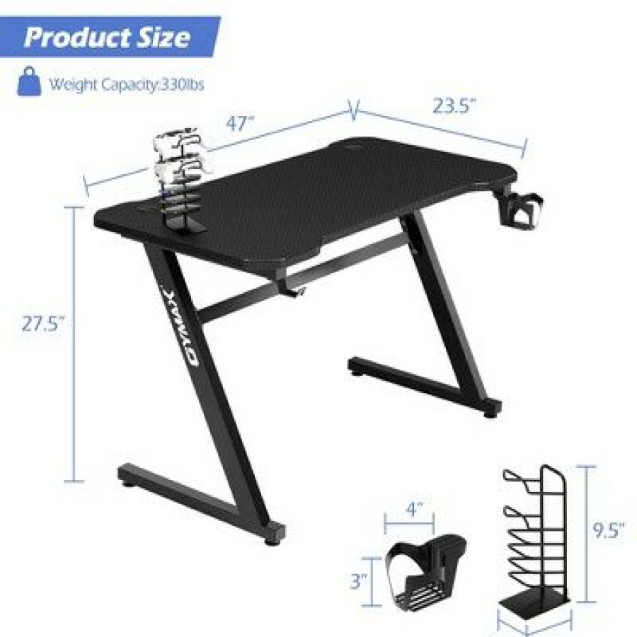 Computer Desks * | Costway 47" Gaming Desk Z-Shaped Computer Office Table W/ Gaming Handle Rack Black