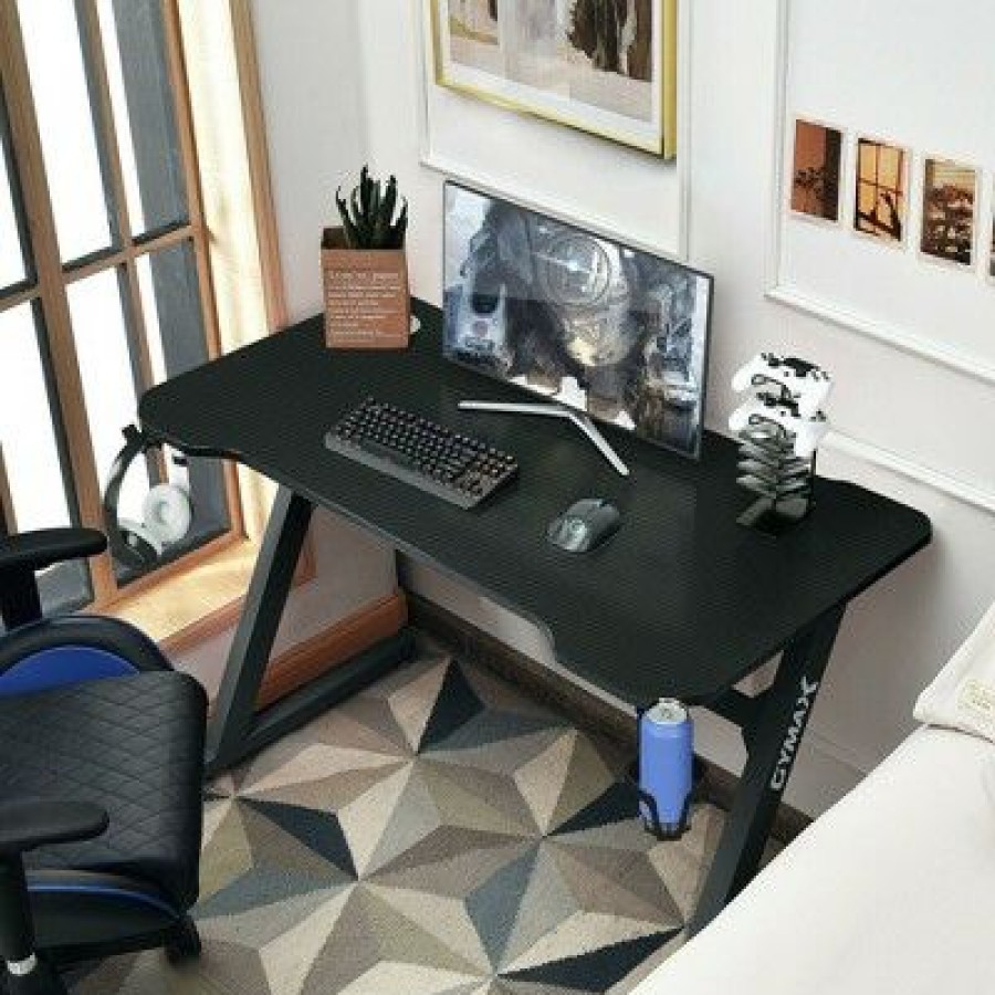 Computer Desks * | Costway 47" Gaming Desk Z-Shaped Computer Office Table W/ Gaming Handle Rack Black