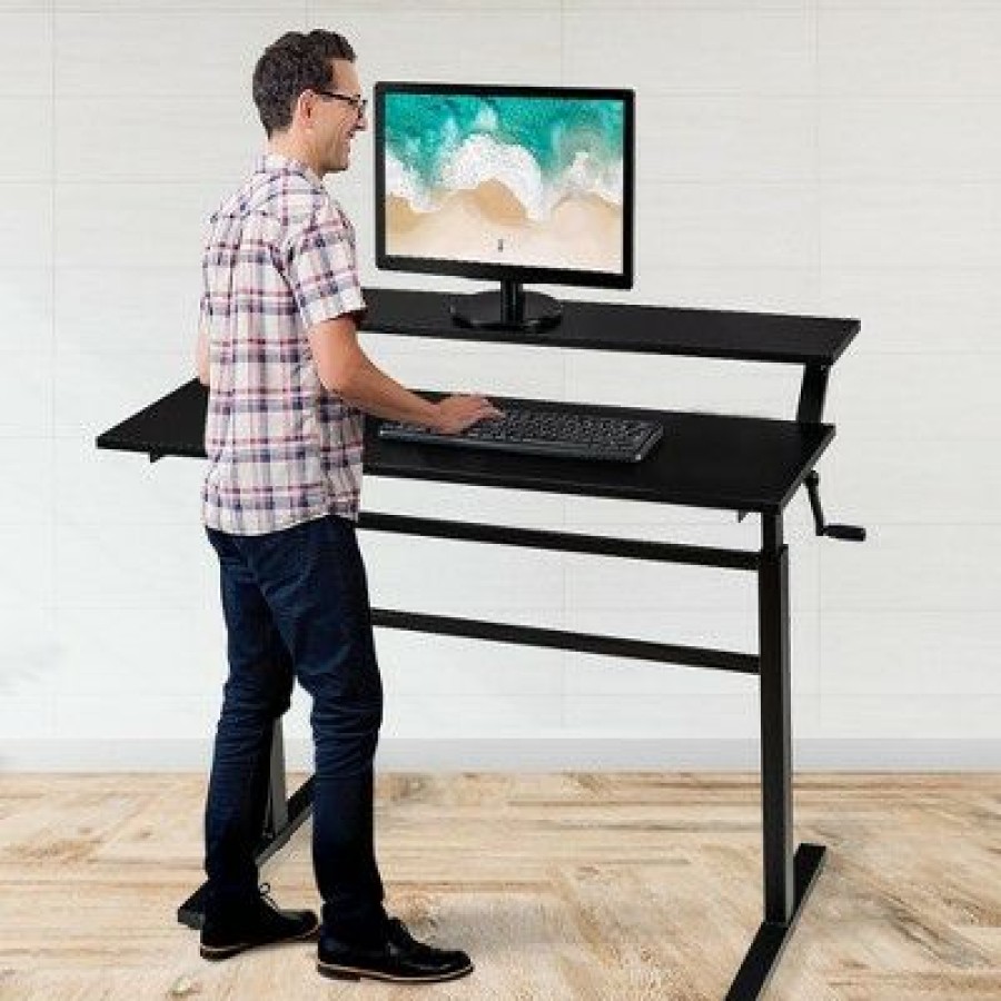 Executive Desks * | Costway Standing Desk Crank Adjustable Sit To Stand Workstation With Monitor Shelf