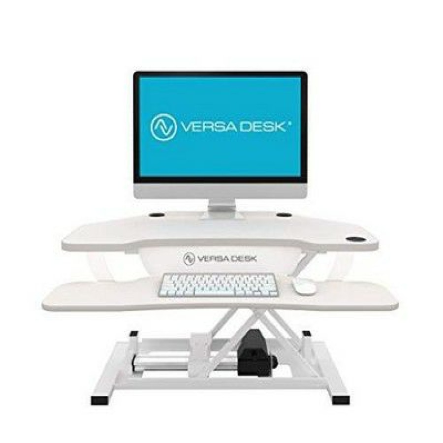 Executive Desks * | Versadesk 36 Inch Power Pro Corner Electric Powered Ergonomic Standing Desk Converter Riser With Spacious Tiers And Mouse Tray, White