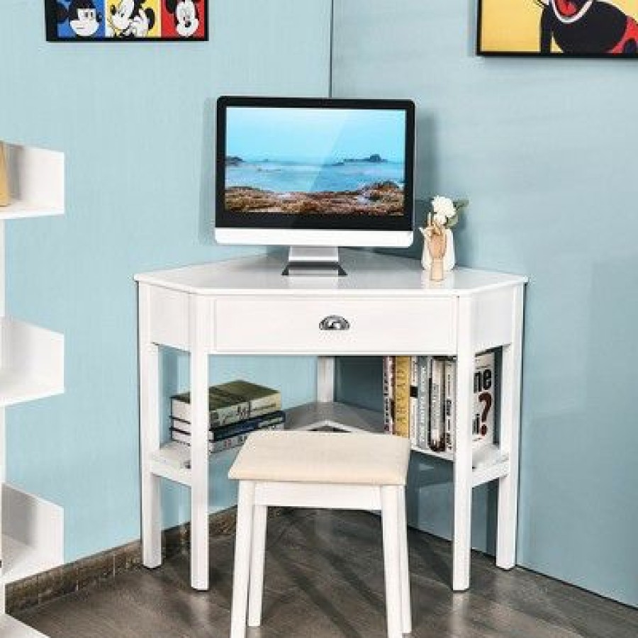 Corner Desks * | Costway Corner Computer Desk Laptop Writing Table Wood Workstation Home Office Furniture White