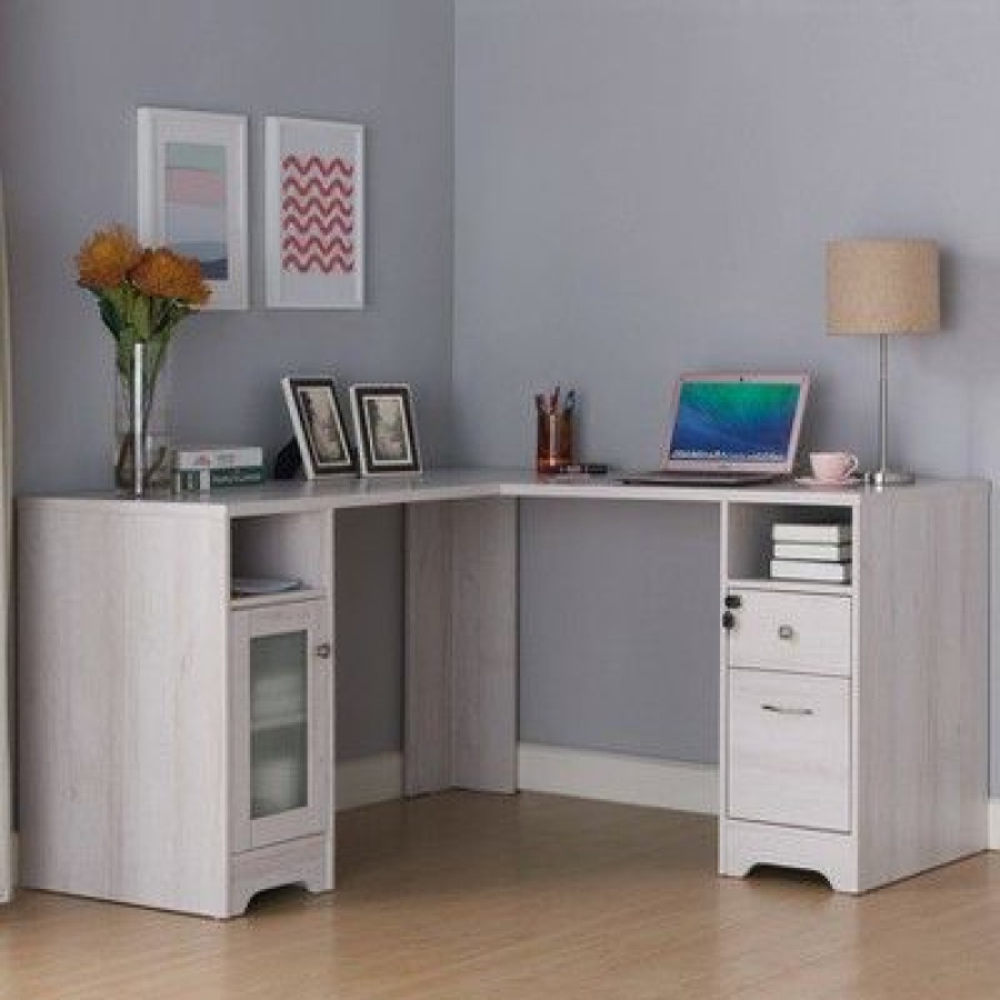 Corner Desks * | Ghally Locking Drawer L-Shape Desk With Usb Ports White Oak Mibasics