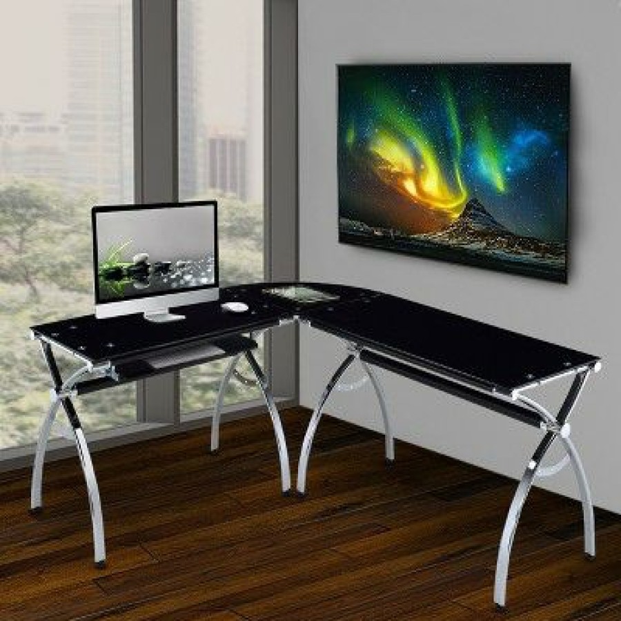 Computer Desks * | L Shaped Colored Tempered Glass Top Desk With Pull Out Keyboard Tray Black Techni Mobili