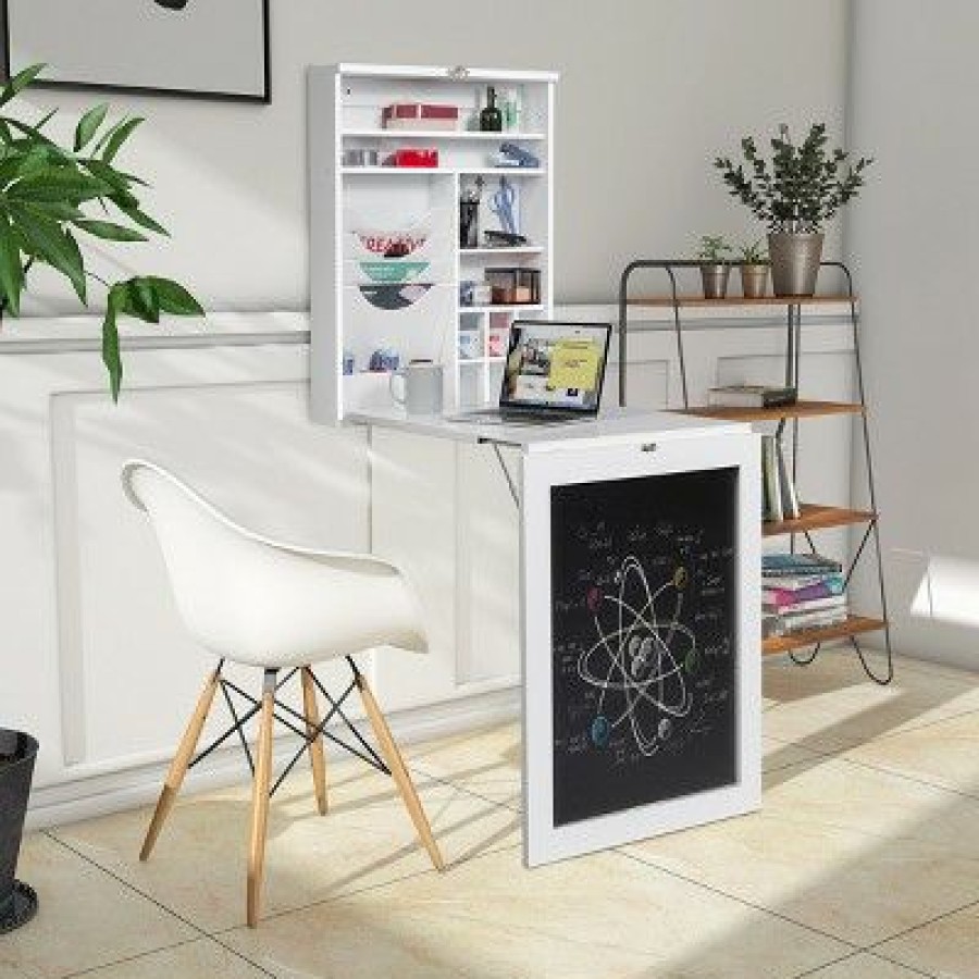 Executive Desks * | Costway Wall Mounted Table Convertible Desk Fold Out Storage Chalkboard White