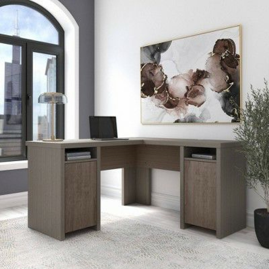 Executive Desks * | Bristol Modern L Shaped Computer Desk With Storage Cabinets And Shelves Restored Gray Bush Furniture