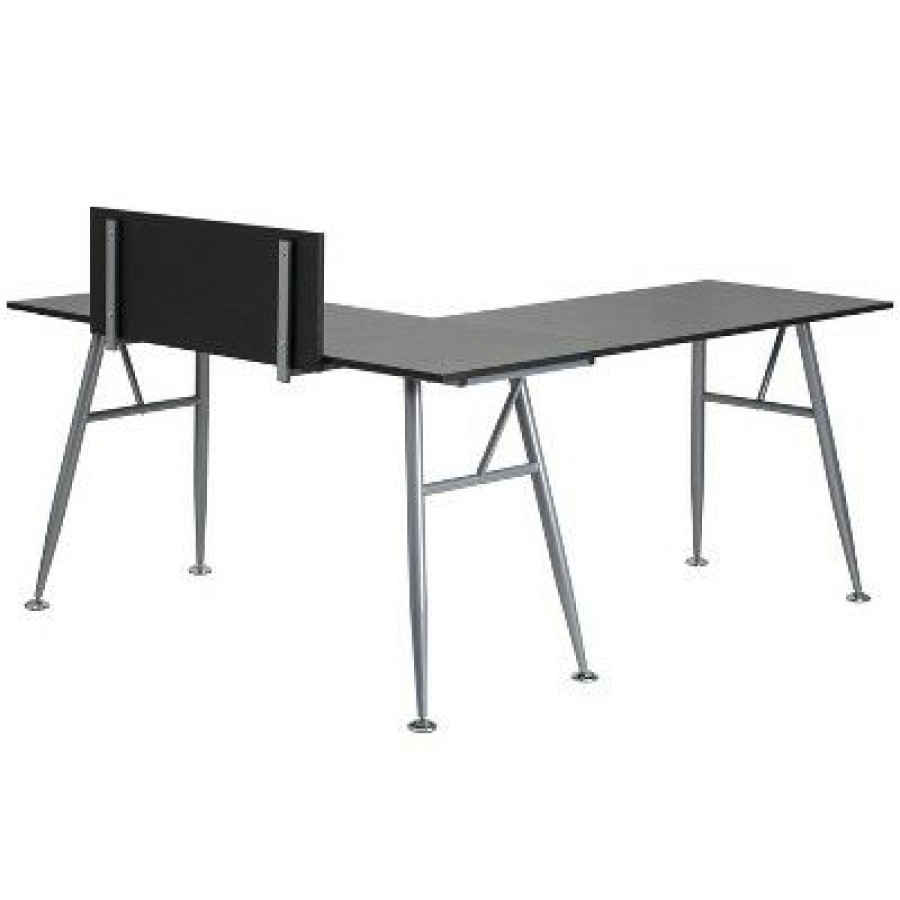 Executive Desks * | Laminate L Shape Computer Desk With Frame Finish Black Laminate Top/Silver Frame Riverstone Furniture Collection