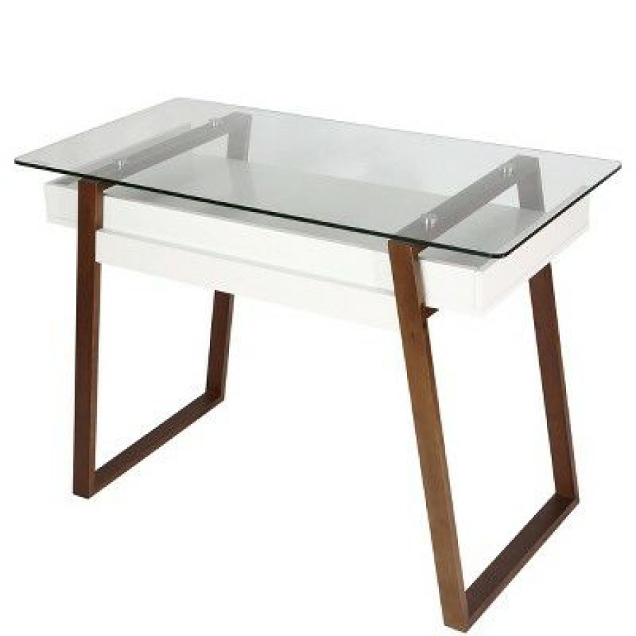 Executive Desks * | Poly & Bark Houston Glass Top Desk Walnut Poly & Bark