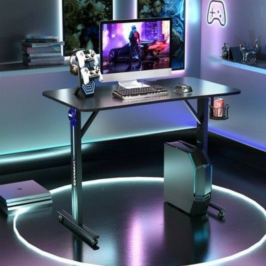 Computer Desks * | Costway Gaming Desk Home Office Pc Computer Desk W/Led Lignt&Gaming Handle Rack