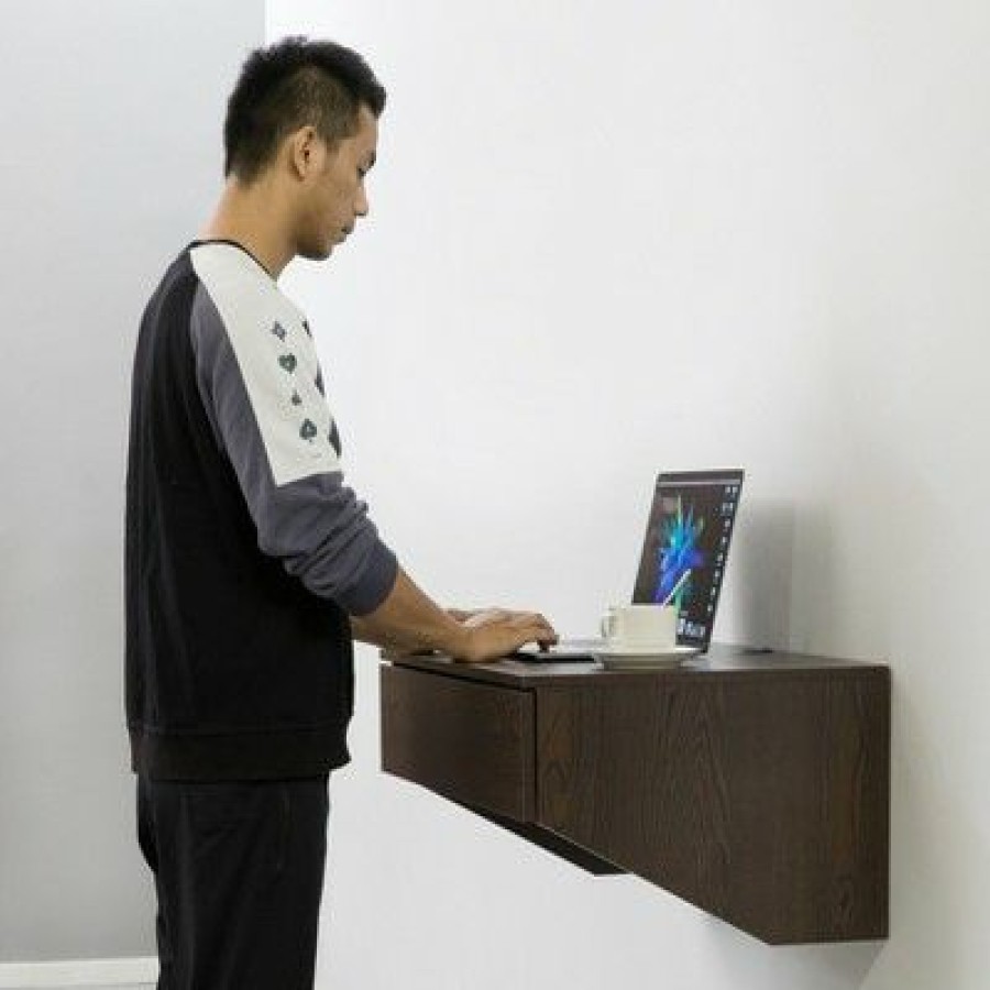 Executive Desks * | Basicwise Wall Mounted Office Computer Desk With Drawer