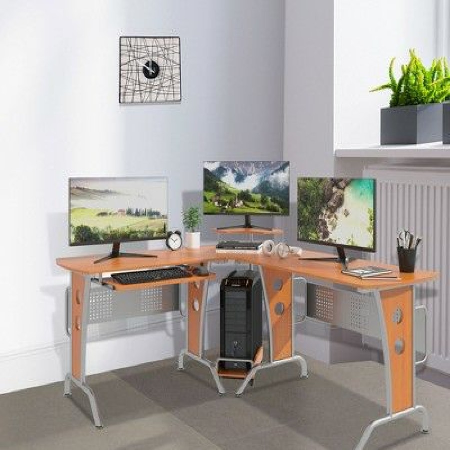 Executive Desks * | Homcom L-Shaped Corner Computer Office Desk Workstation With Elevated Shelf, Rolling Keyboard Tray, And Cpu Stand