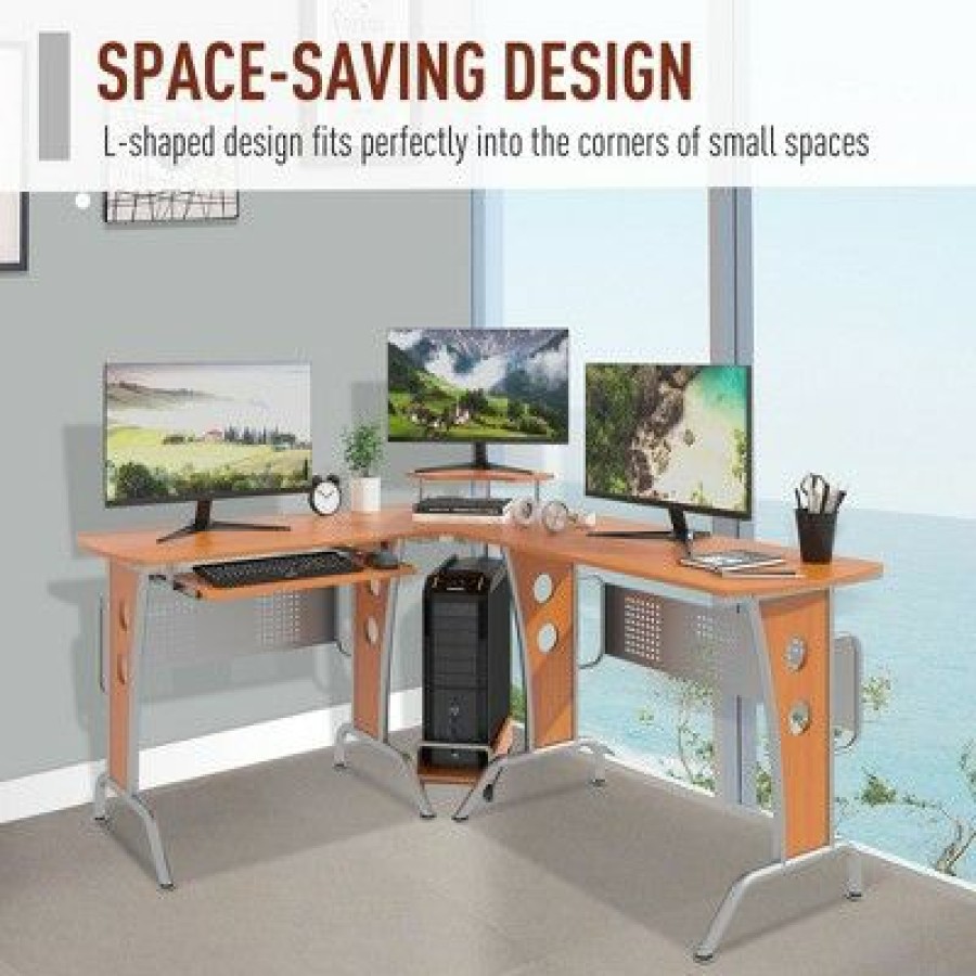 Executive Desks * | Homcom L-Shaped Corner Computer Office Desk Workstation With Elevated Shelf, Rolling Keyboard Tray, And Cpu Stand