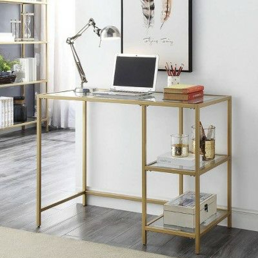 Executive Desks * | Carolina Chair & Table Langley Glass Top Desk With Shelves Gold Carolina Chair & Table