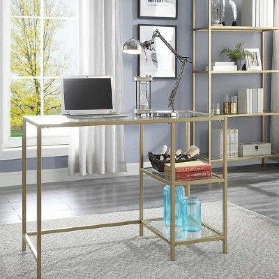 Executive Desks * | Carolina Chair & Table Langley Glass Top Desk With Shelves Gold Carolina Chair & Table