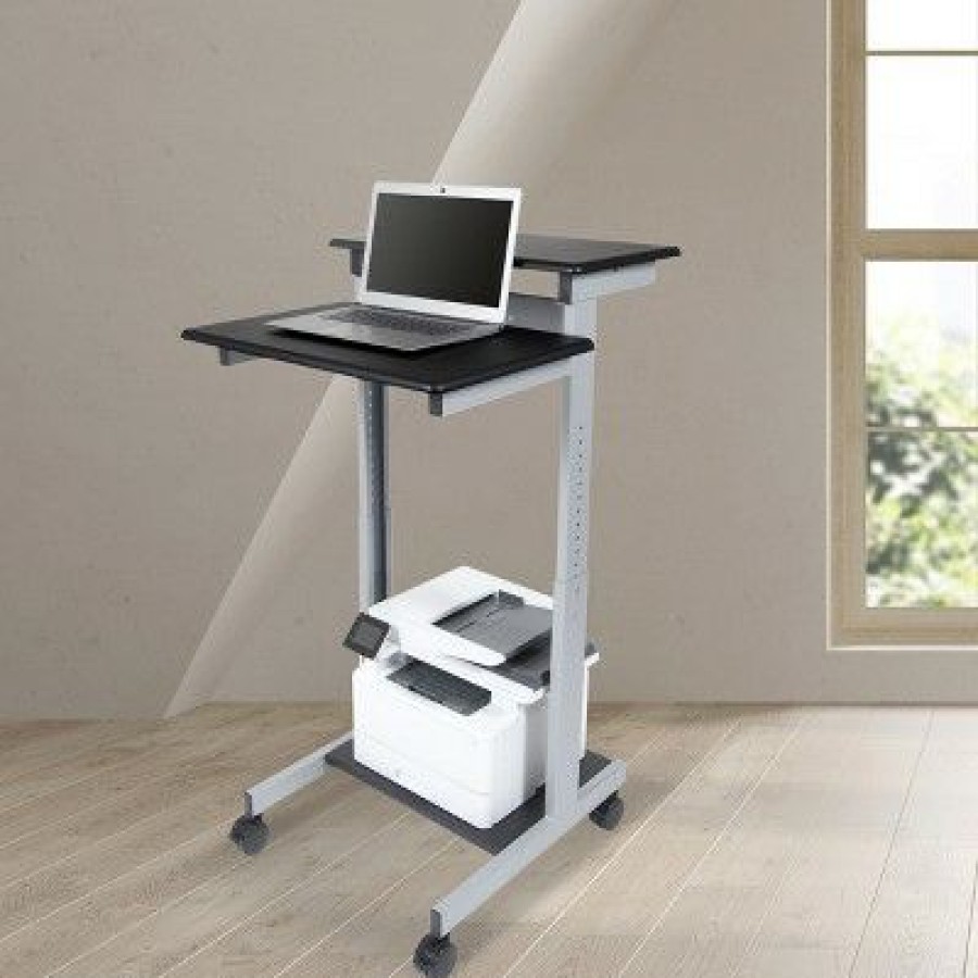 Computer Desks * | Stand Up Desk Store Rolling Adjustable Height Two Tier Standing Desk Computer Workstation