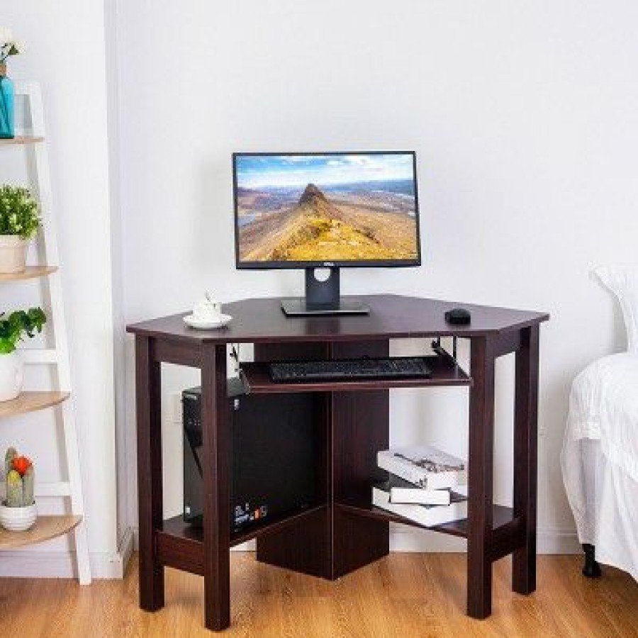 Corner Desks * | Costway Wooden Corner Desk With Drawer Computer Pc Table Study Office Room Brown