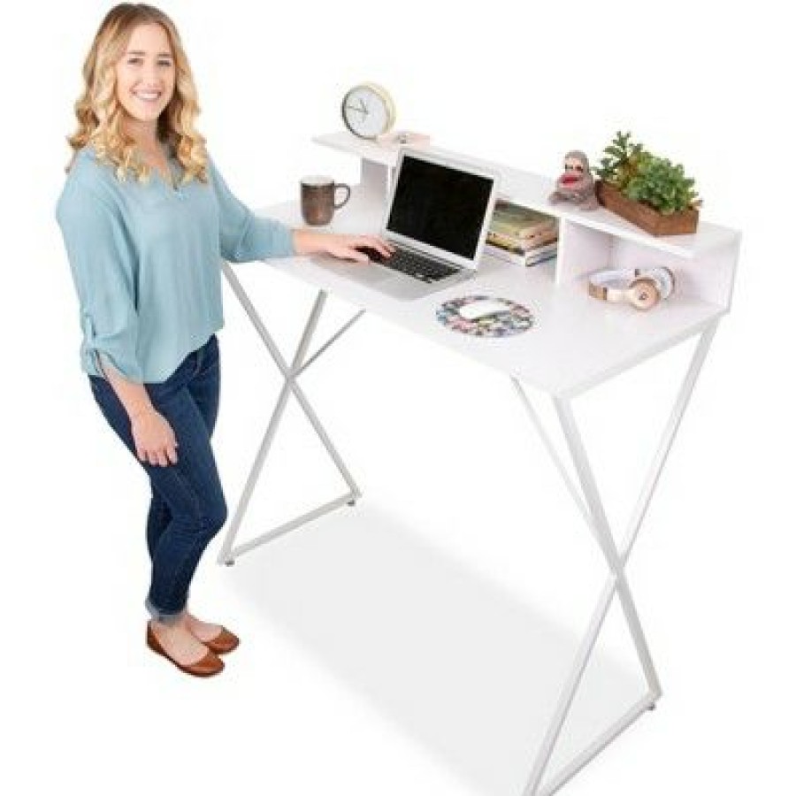 Executive Desks * | Joy Standing Desk 48" Stand-Up Workstation With Cubbies White Finish Stand Steady