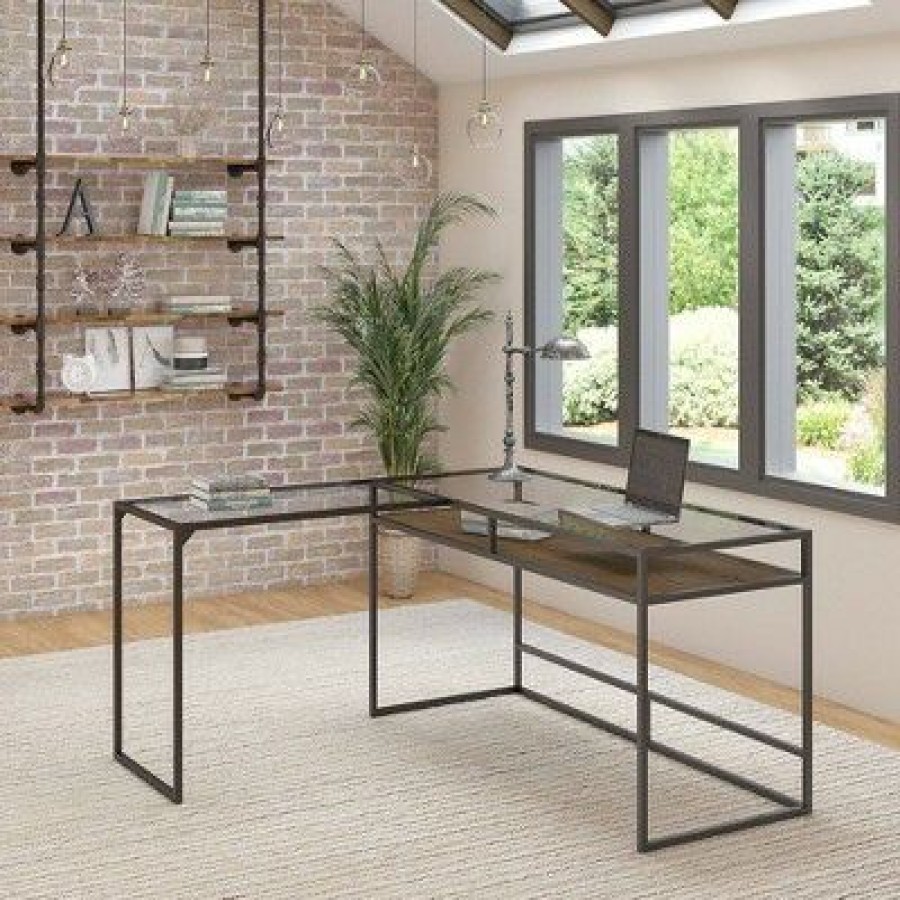 Executive Desks * | 60W Anthropology Glass Top L Shaped Desk With Shelf Rustic Brown Embossed Bush Furniture