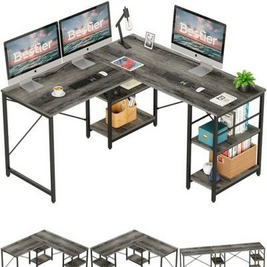 Executive Desks * | Bestier Industrial Customizable L Shaped Corner Or Long Home Office Study Desk W/ Adjustable Shelf, Adaptable Design, And Cable Holes 59.45 Inch Gray