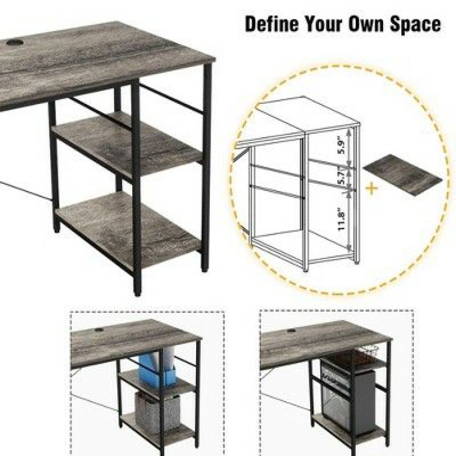 Executive Desks * | Bestier Industrial Customizable L Shaped Corner Or Long Home Office Study Desk W/ Adjustable Shelf, Adaptable Design, And Cable Holes 59.45 Inch Gray