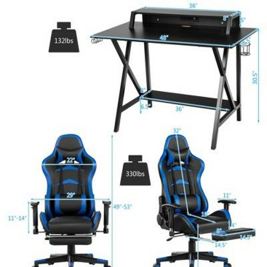 Computer Desks * | Costway Gaming Desk&Massage Gaming Chair Set W/ Footrest Monitor Shelf Power Strip Blue