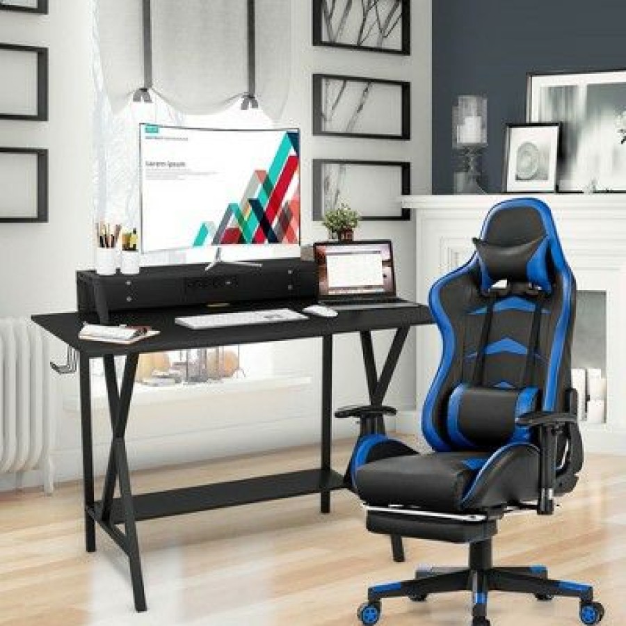 Computer Desks * | Costway Gaming Desk&Massage Gaming Chair Set W/ Footrest Monitor Shelf Power Strip Blue