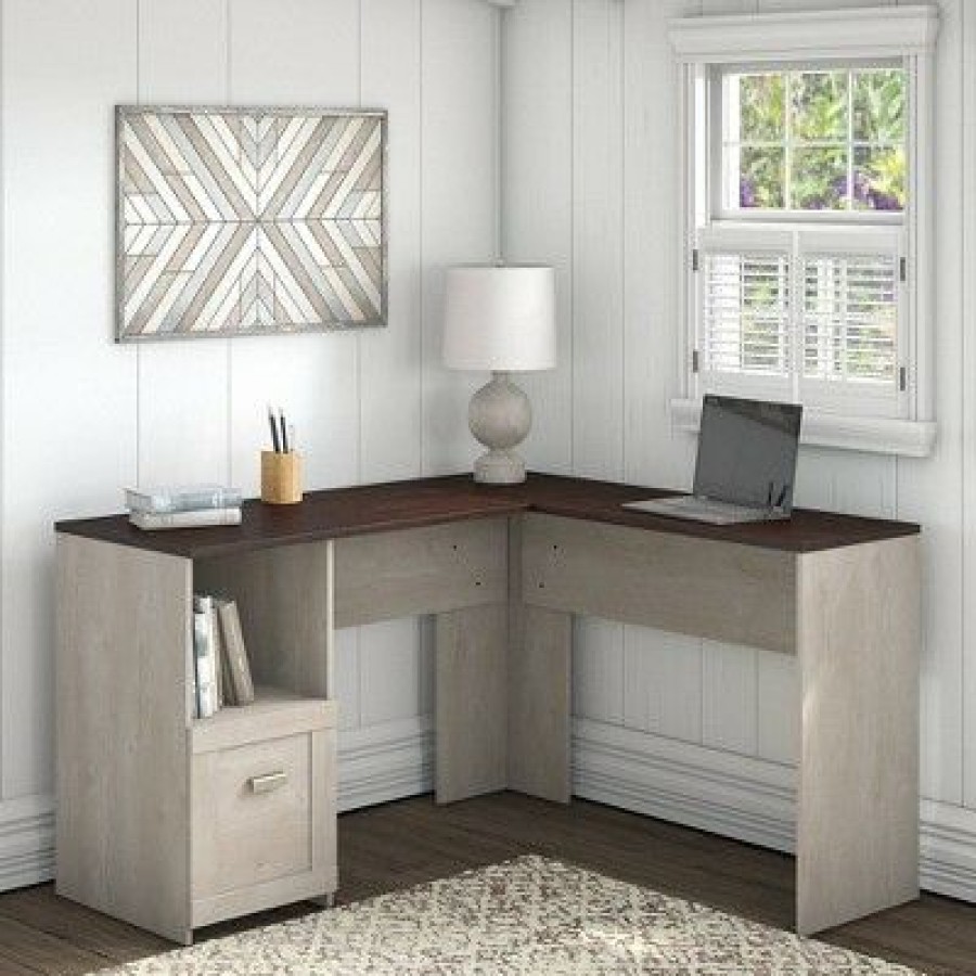 Executive Desks * | Townhill L Shaped Desk Washed Gray/Madison Cherry Bush Furniture