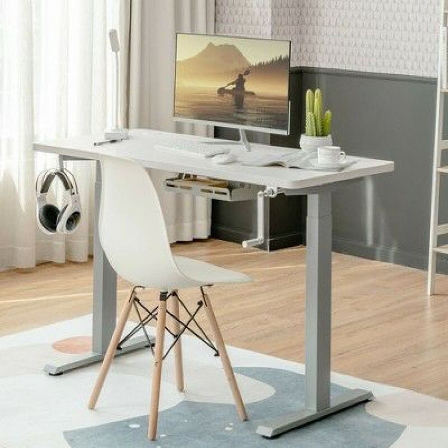 Executive Desks * | Costway Hand Crank Sit To Stand Desk Frame Height Adjustable Standing Base Black/ /White Grey