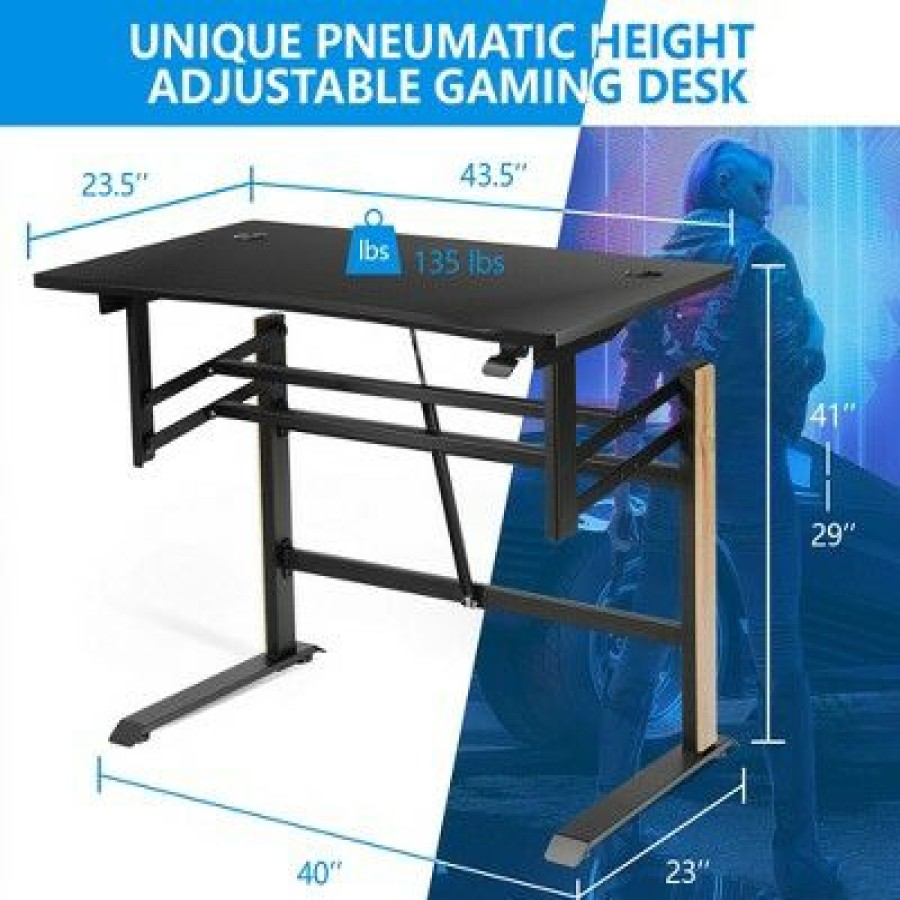 Computer Desks * | Costway Pneumatic Height Adjustable Gaming Desk T Shaped Game Station W/Power Strip Tray