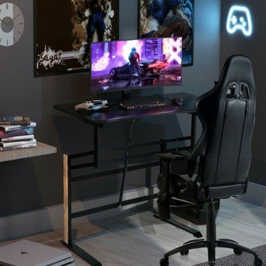 Computer Desks * | Costway Pneumatic Height Adjustable Gaming Desk T Shaped Game Station W/Power Strip Tray