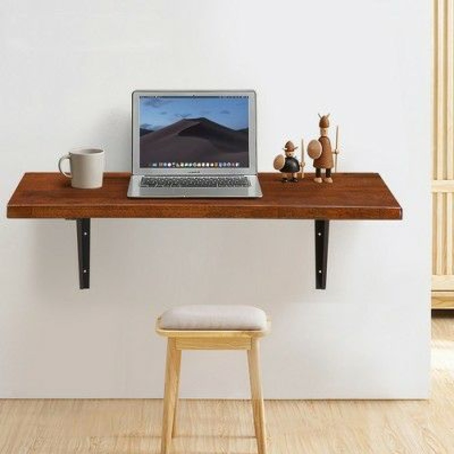 Executive Desks * | Costway 40"X14" Wall-Mounted Desk Rubber Wood Dining Table Space Saving