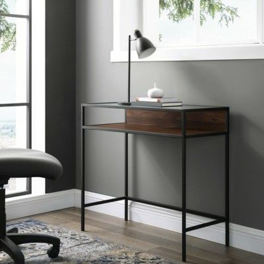 Executive Desks * | 35 Metal & Wood Compact Desk With Glass Saracina Home