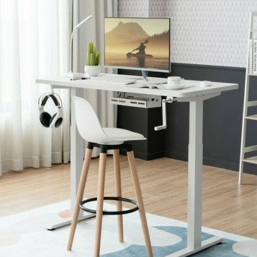 Executive Desks * | Costway Hand Crank Sit To Stand Desk Frame Height Adjustable Standing Base White