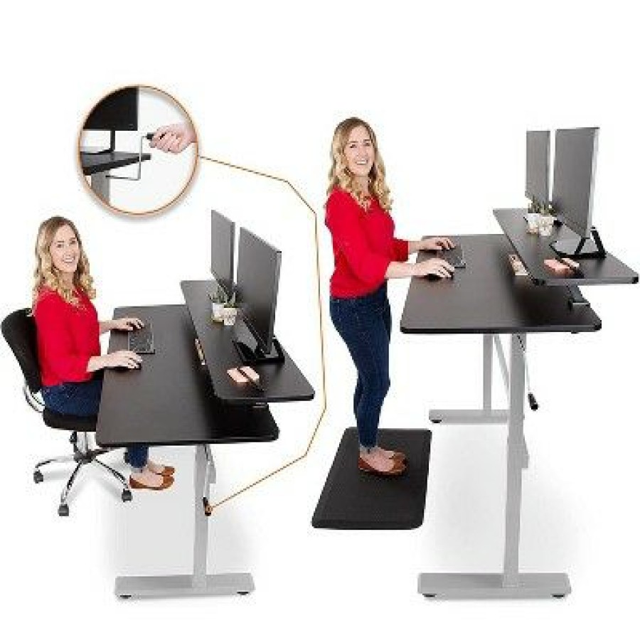 Executive Desks * | Tranzendesk Standing Desk With Clamp-On Shelf 55 Sit To Stand Workstation With 55" Monitor Stand Black With Silver Legs Stand Steady