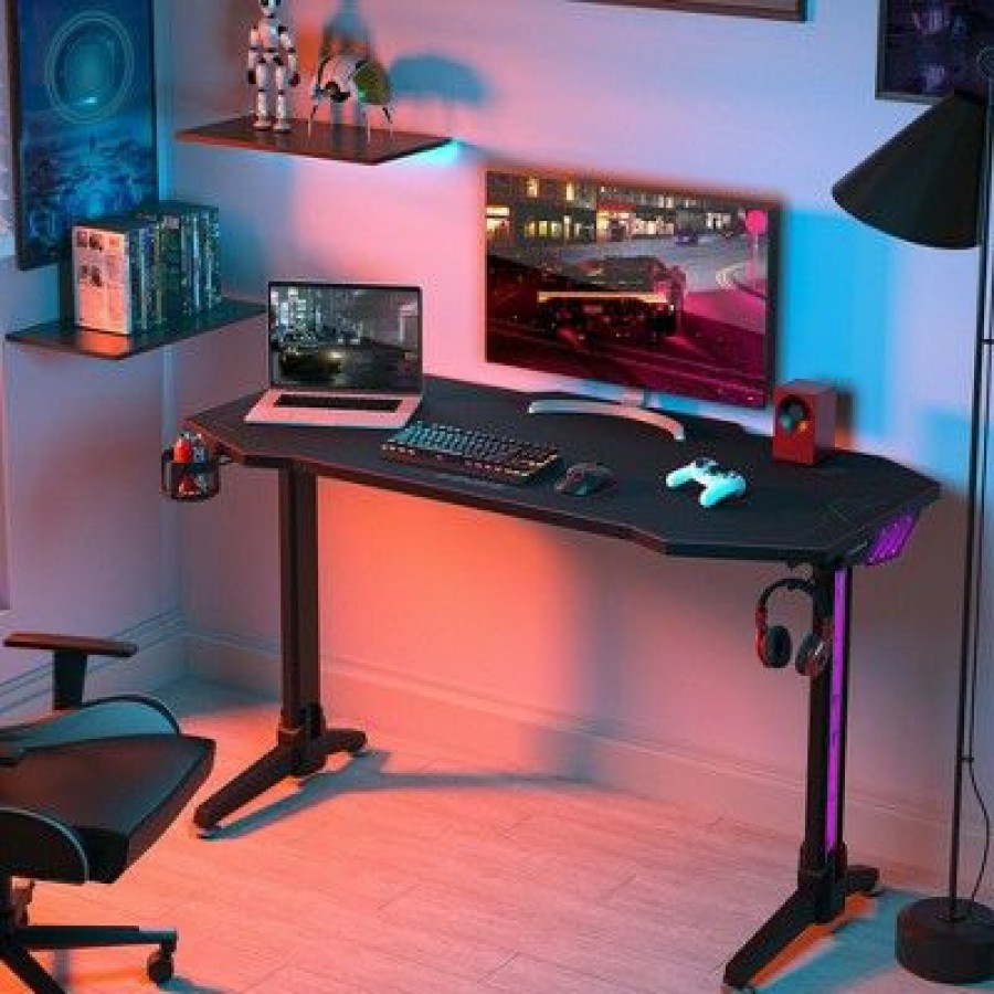 Computer Desks * | Costway 55" Gaming Desk T-Shaped Computer Desk W/ Full Mouse Pad & Led Lights