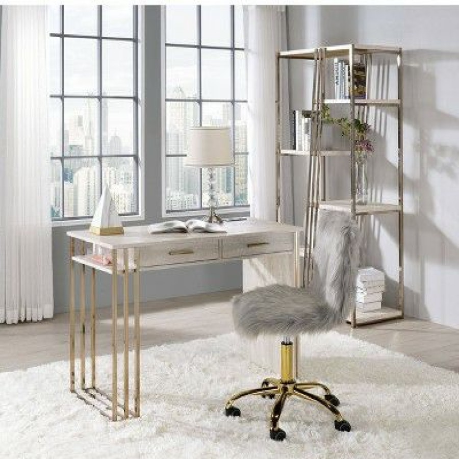 Executive Desks * | Tyeid Built-In Usb Port Writing Desk Antique White/Gold Acme Furniture