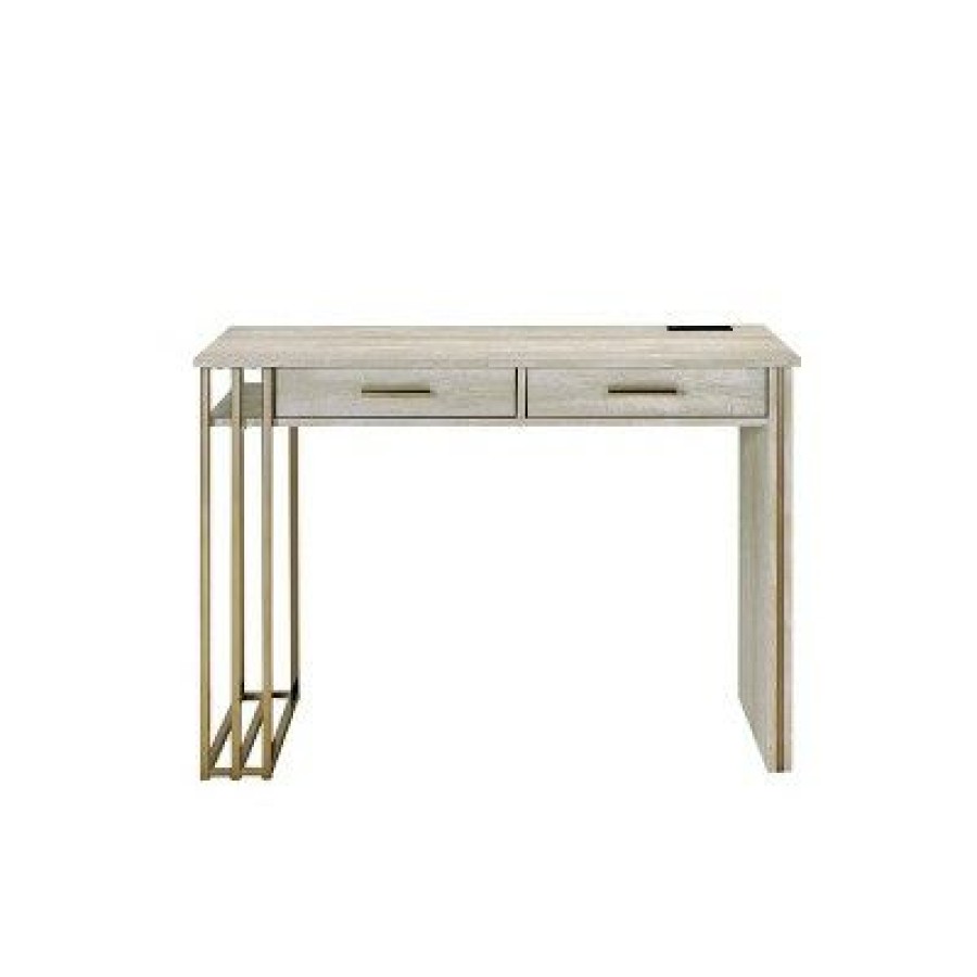 Executive Desks * | Tyeid Built-In Usb Port Writing Desk Antique White/Gold Acme Furniture