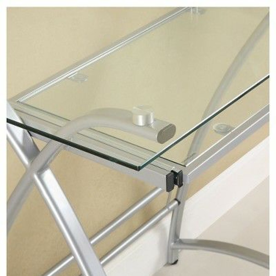 Executive Desks * | L Shaped Glass And Metal Corner Computer Desk Silver Saracina Home