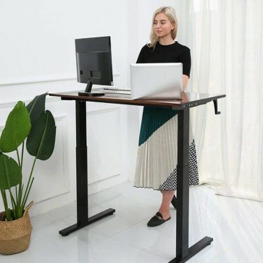 Executive Desks * | Sdadi Adjustable Height Steel Frame Standing Desk, Spacious Desktop Supports Two Monitors, Steel Frame, Crank Adjust, Black Frame/Teak Top