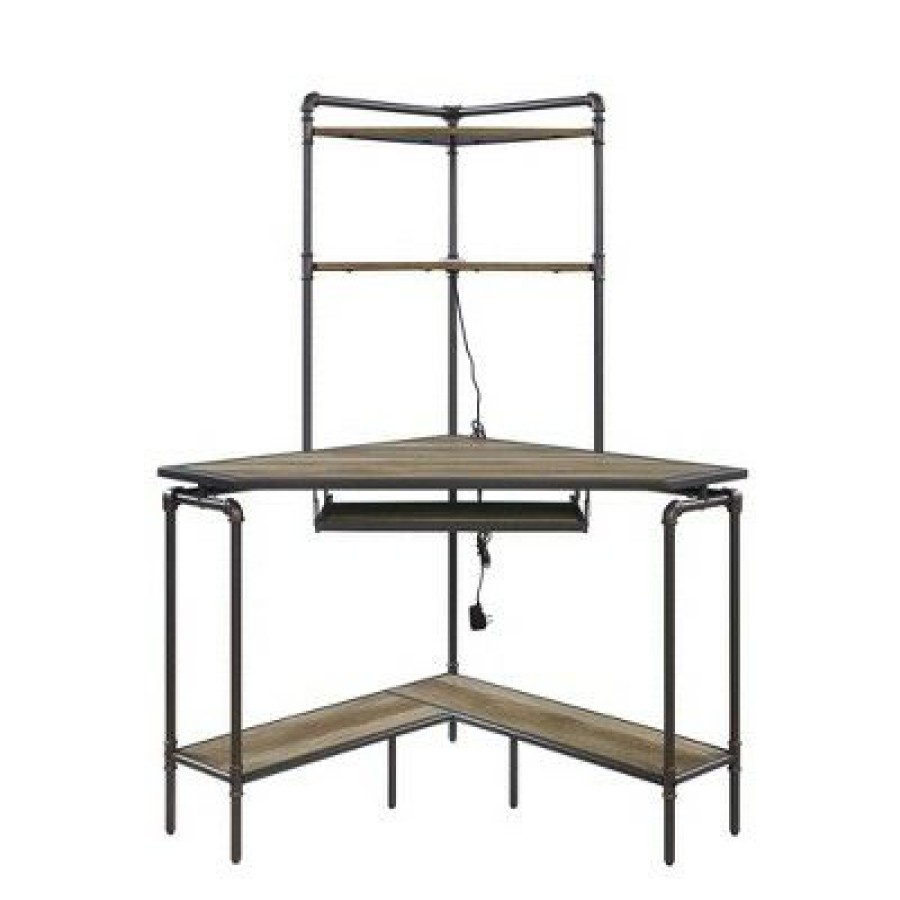 Corner Desks * | Wood And Metal Desk With 2 Shelf Hutch Brown/Gray Benzara