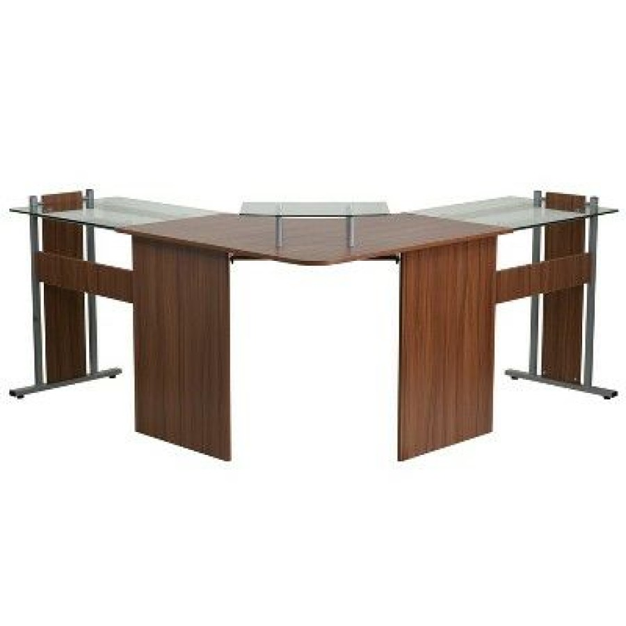 Executive Desks * | Laminate Corner Desk With Pull Out Keyboard Tray And Cpu Cart Teakwood Laminate Top/Silver Frame Riverstone Furniture Collection