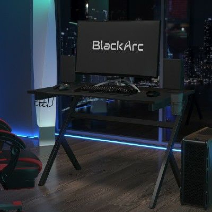 Computer Desks * | Blackarc Gaming Desk With Carbon Fiber Desktop, Steel Frame And Detachable Cupholder/Headphone Hook, Two Cable Management Holes