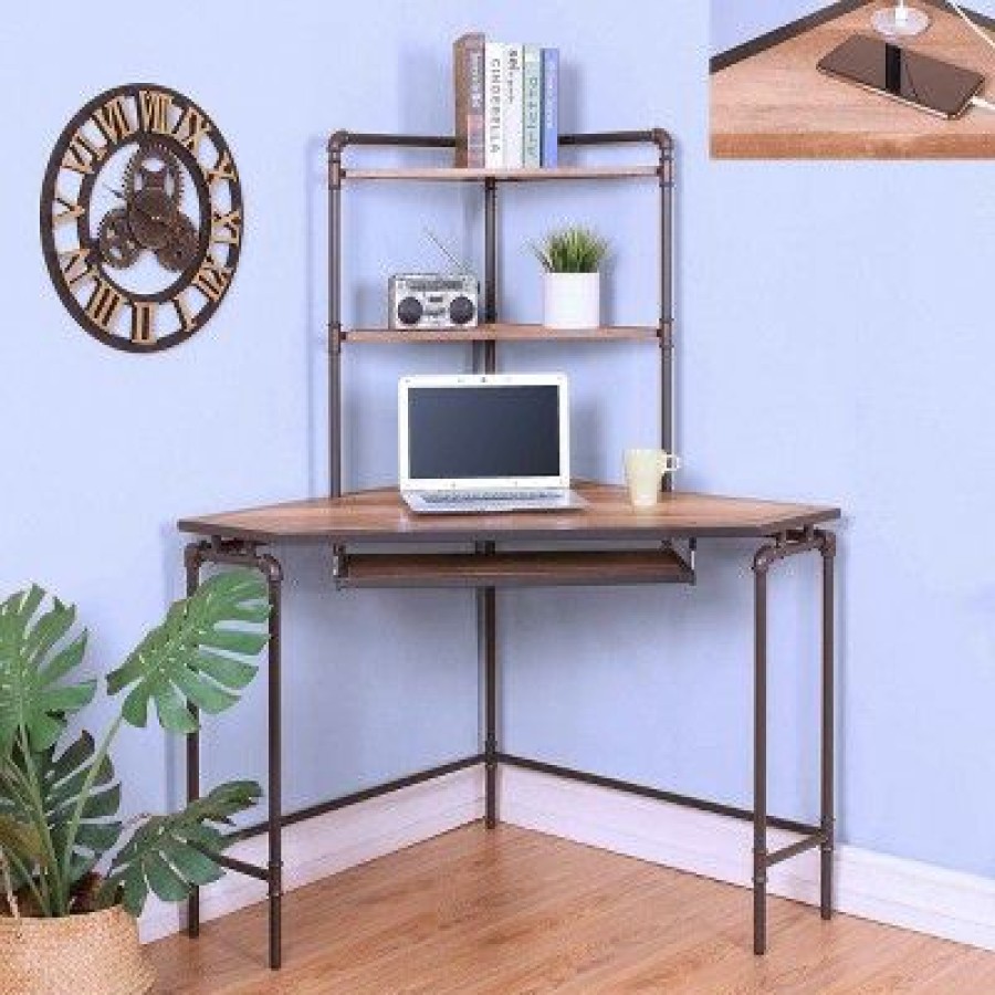 Corner Desks * | Norda Corner Desk With Usb Port Sand Black/Light Pure Copper Mibasics